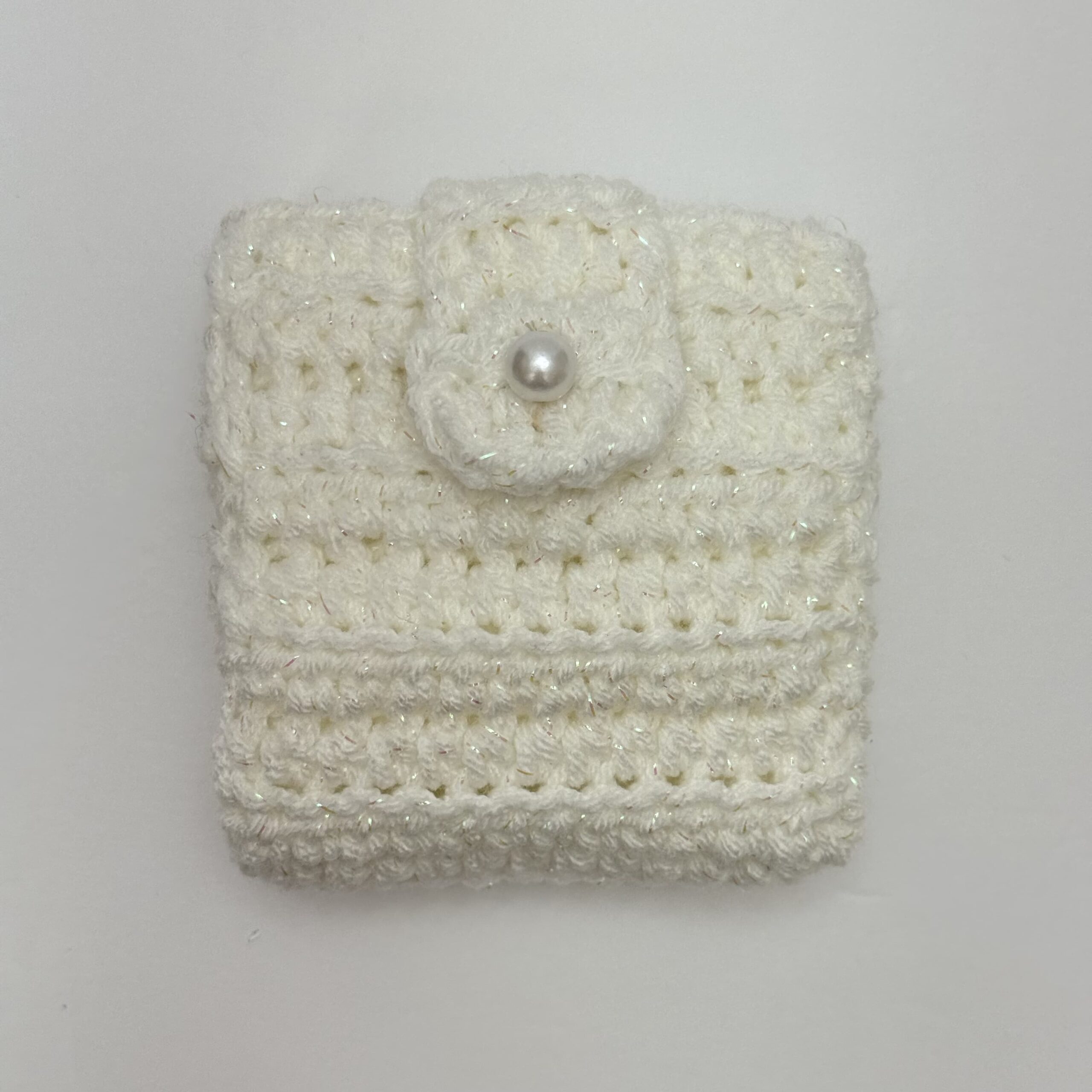 White Shimmer Crochet Wallet with Pearl